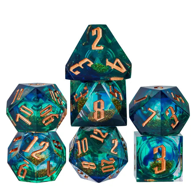 A Role Playing Dice Set - Green With Gold Font (Gold Liquid Core)