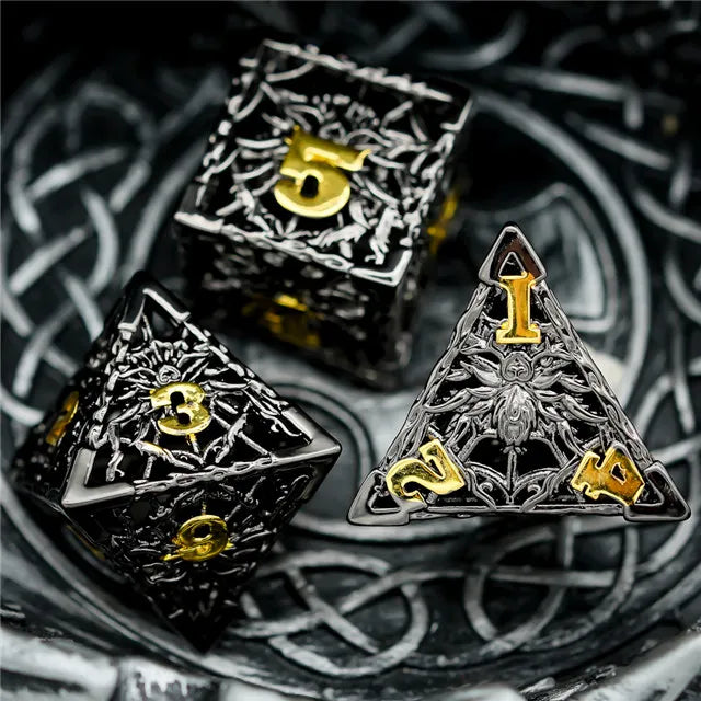 A Role Playing Dice Set Metallic - Hollow Metal DND Dice (Spider) Black
