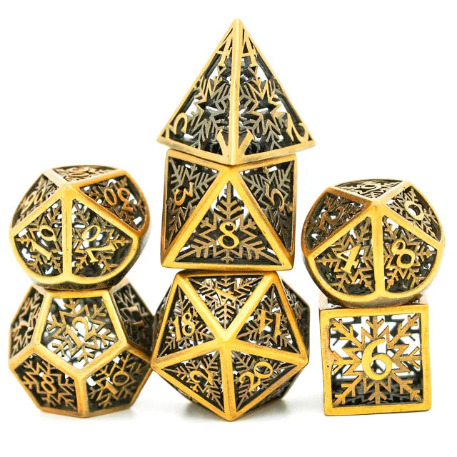 A Role Playing Dice Set Metallic - Hollow Metal DND Dice (Snowflake) Bronze