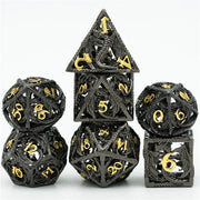 A Role Playing Dice Set Metallic - Hollow Metal DND Dice (Flying Dragon) Black