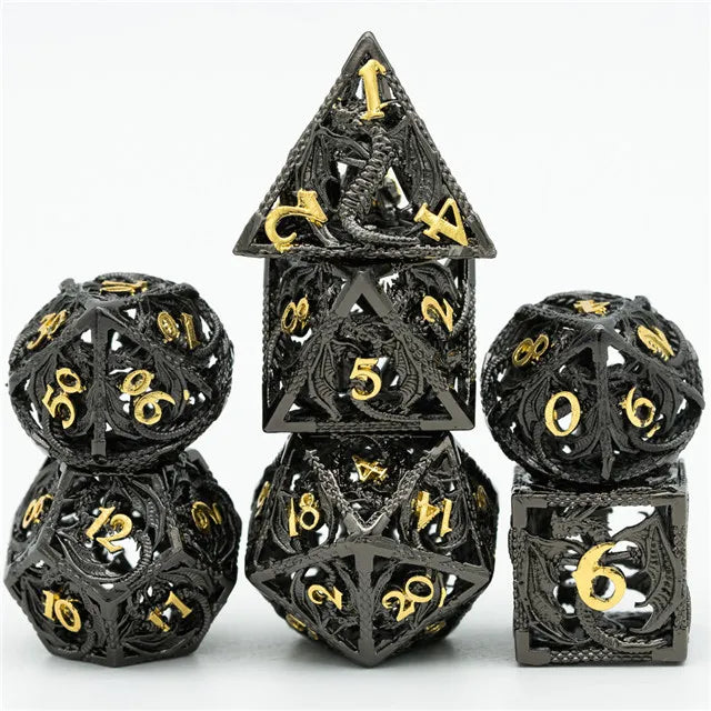 A Role Playing Dice Set Metallic - Hollow Metal DND Dice (Flying Dragon) Black