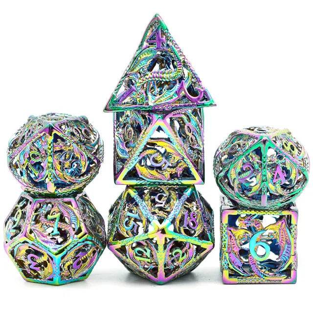 A Role Playing Dice Set Metallic - Hollow Metal DND Dice (Flying Dragon) Rainbow