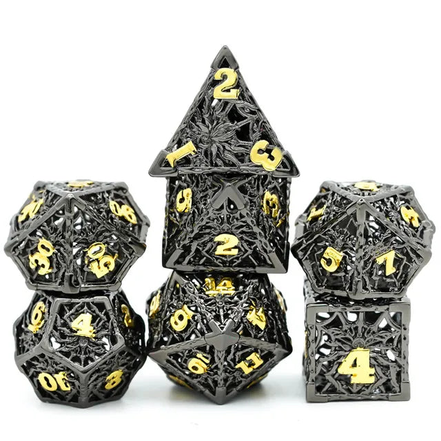 A Role Playing Dice Set Metallic - Hollow Metal DND Dice (Spider) Black