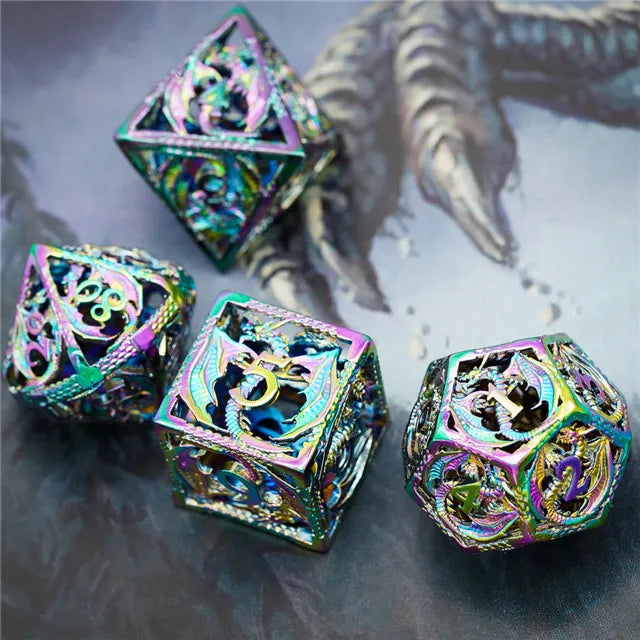 A Role Playing Dice Set Metallic - Hollow Metal DND Dice (Flying Dragon) Rainbow