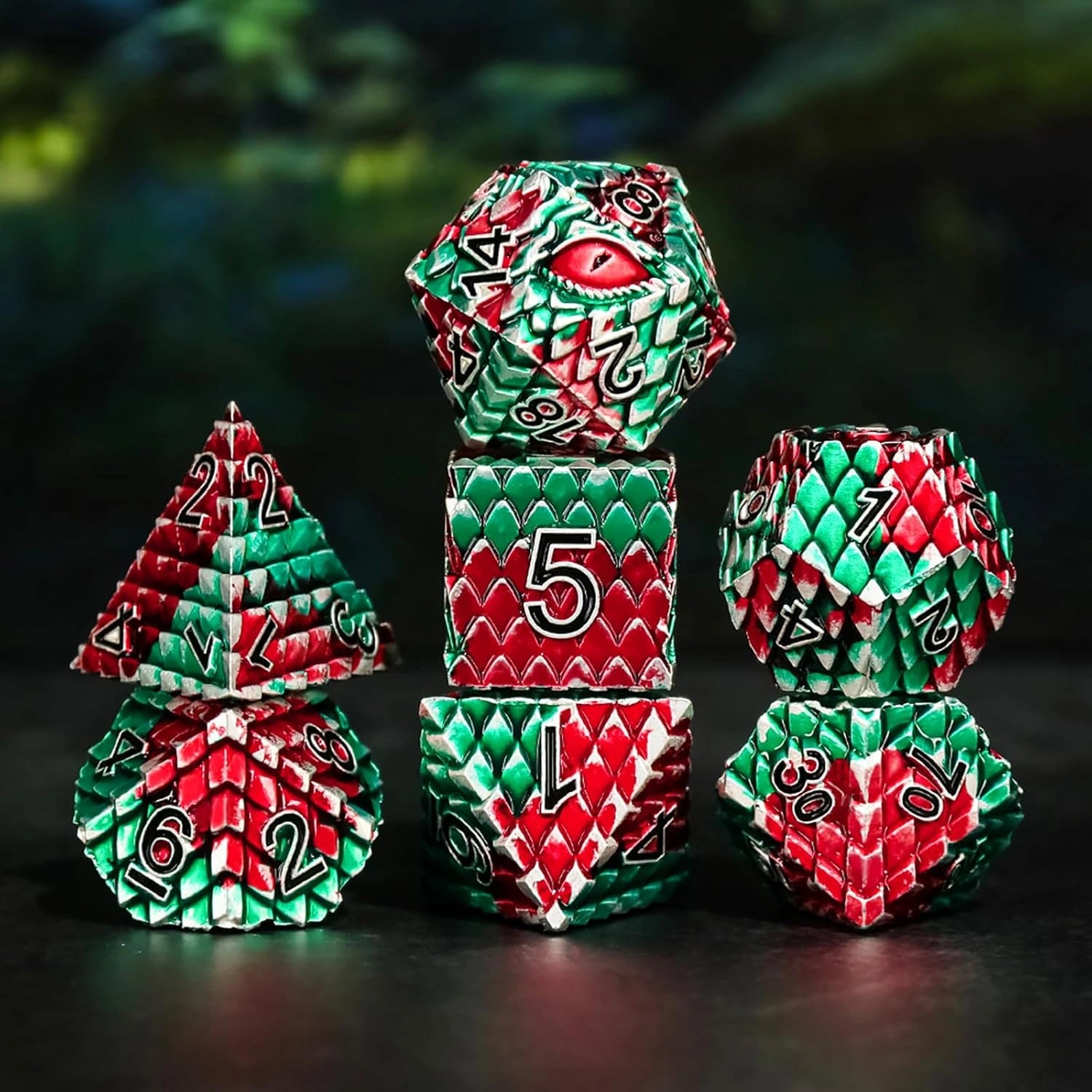 A Role Playing Dice Set Metallic - Dragon Scale Green/Red
