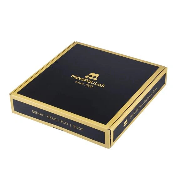 Black Natural Cork Chessboard 40cm Inlaid on wooden box with natural & ebonised chessmen Manopoulos