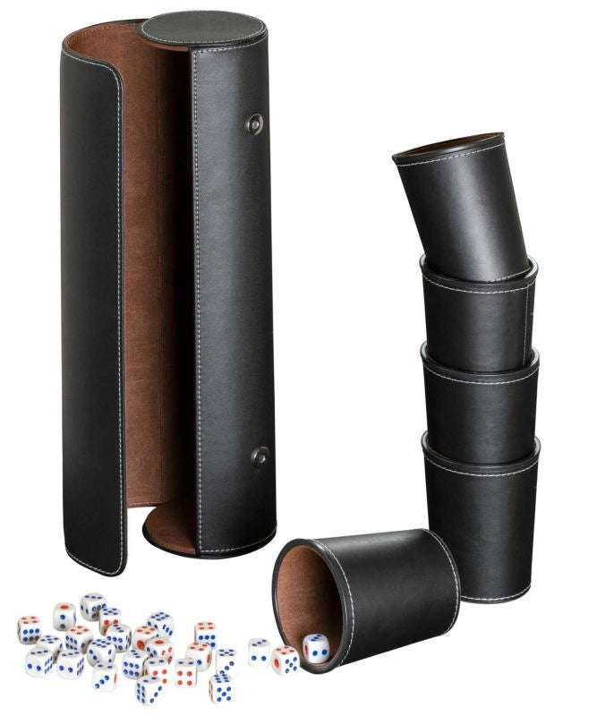 Synthetic leather dice cup set of 5 with case incl. 25 dice, black (7995)