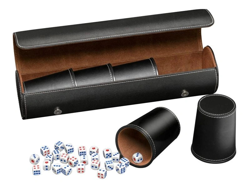 Synthetic leather dice cup set of 5 with case incl. 25 dice, black (7995)