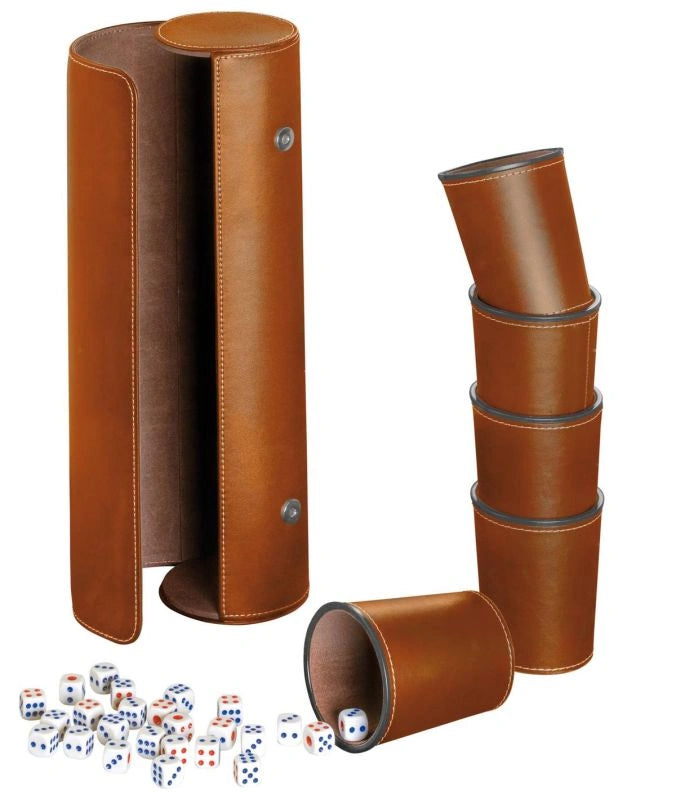 Synthetic leather dice cup set of 5 with case incl. 25 dice, brown (7996)