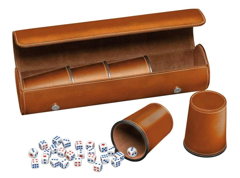Synthetic leather dice cup set of 5 with case incl. 25 dice, brown (7996)