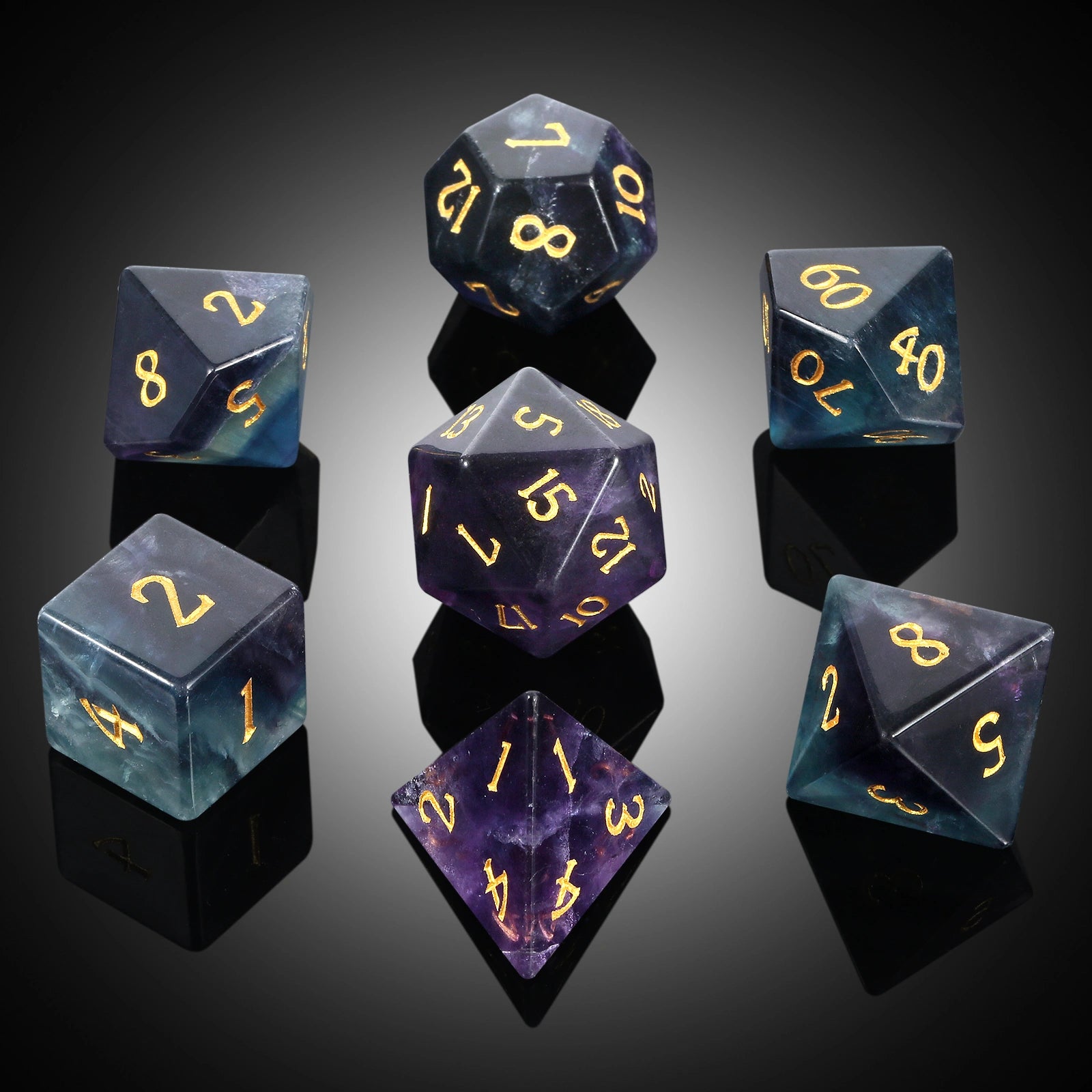 A Role Playing Dice Set - Obsidian Fluorite  Gemstone Stone Dice