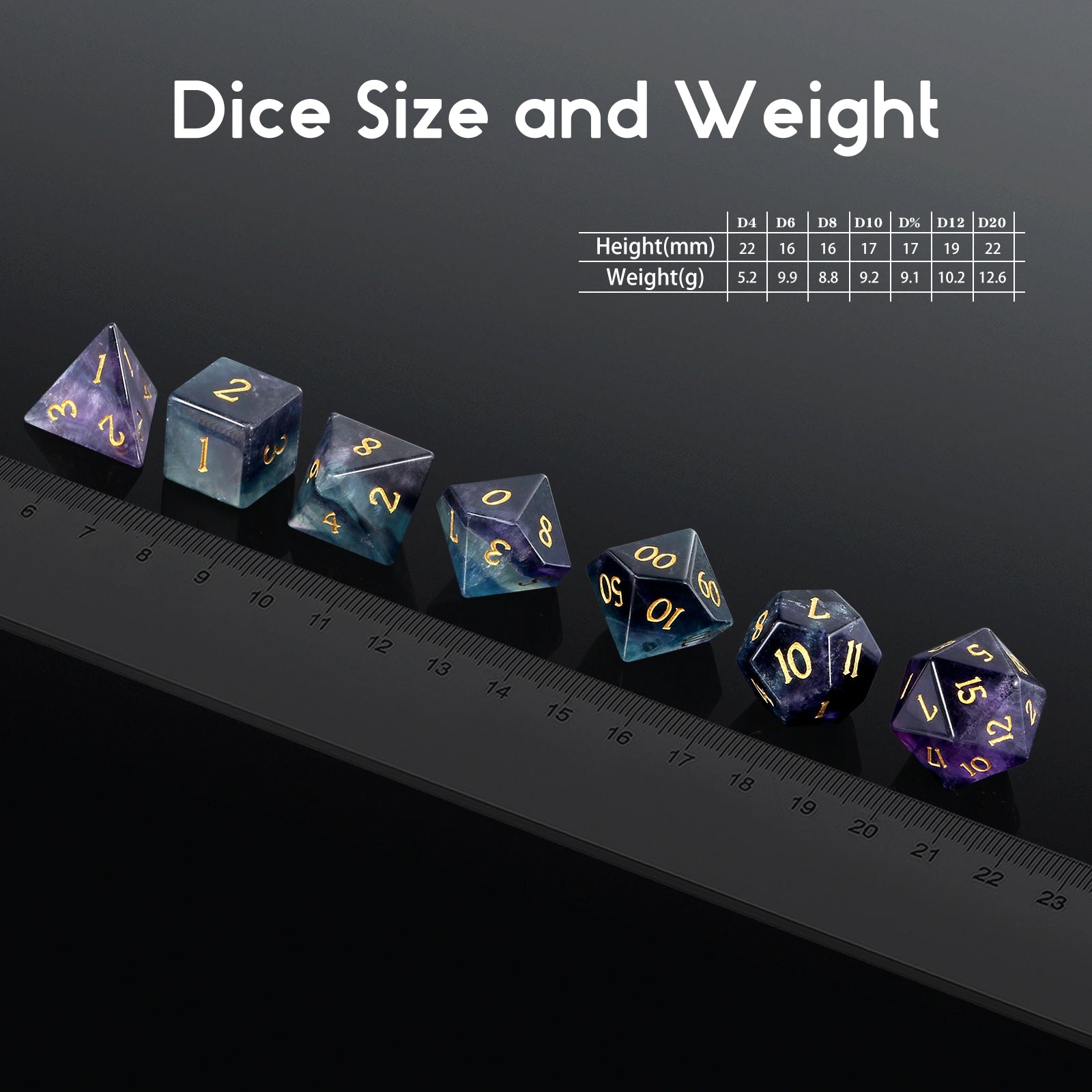 A Role Playing Dice Set - Obsidian Fluorite  Gemstone Stone Dice