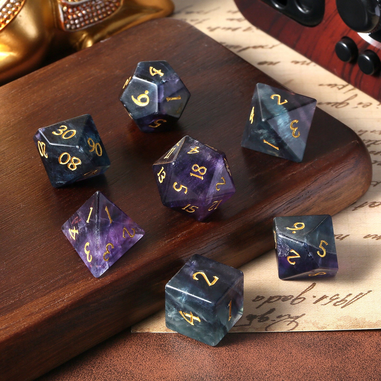 A Role Playing Dice Set - Obsidian Fluorite  Gemstone Stone Dice