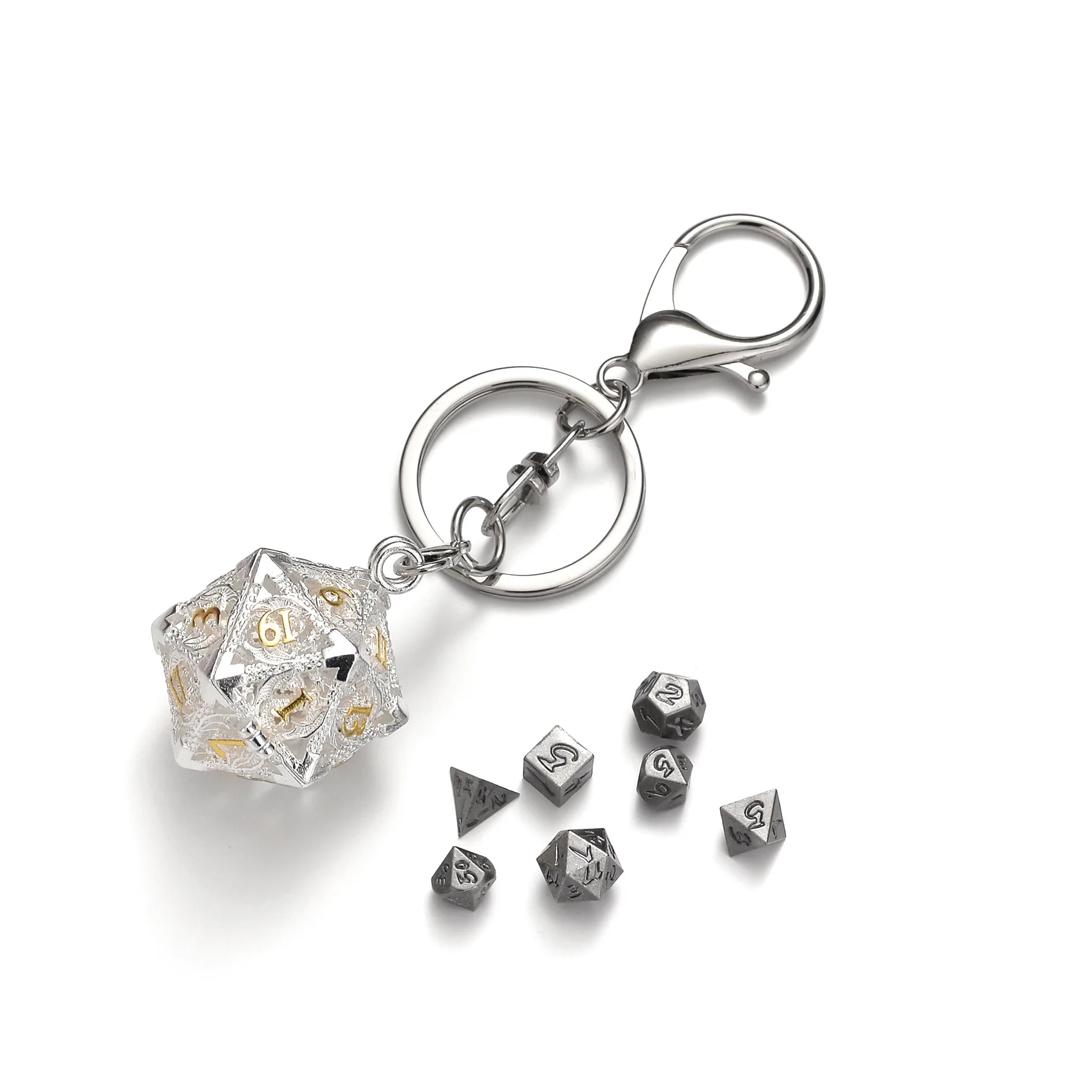 Mini Metal Dice Set Keychain Silver