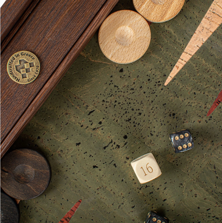 Handcrafted Cork Backgammon Set with Oak Checkers