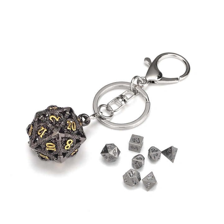Mini Metal Dice Set Keychain Black/Gold D20