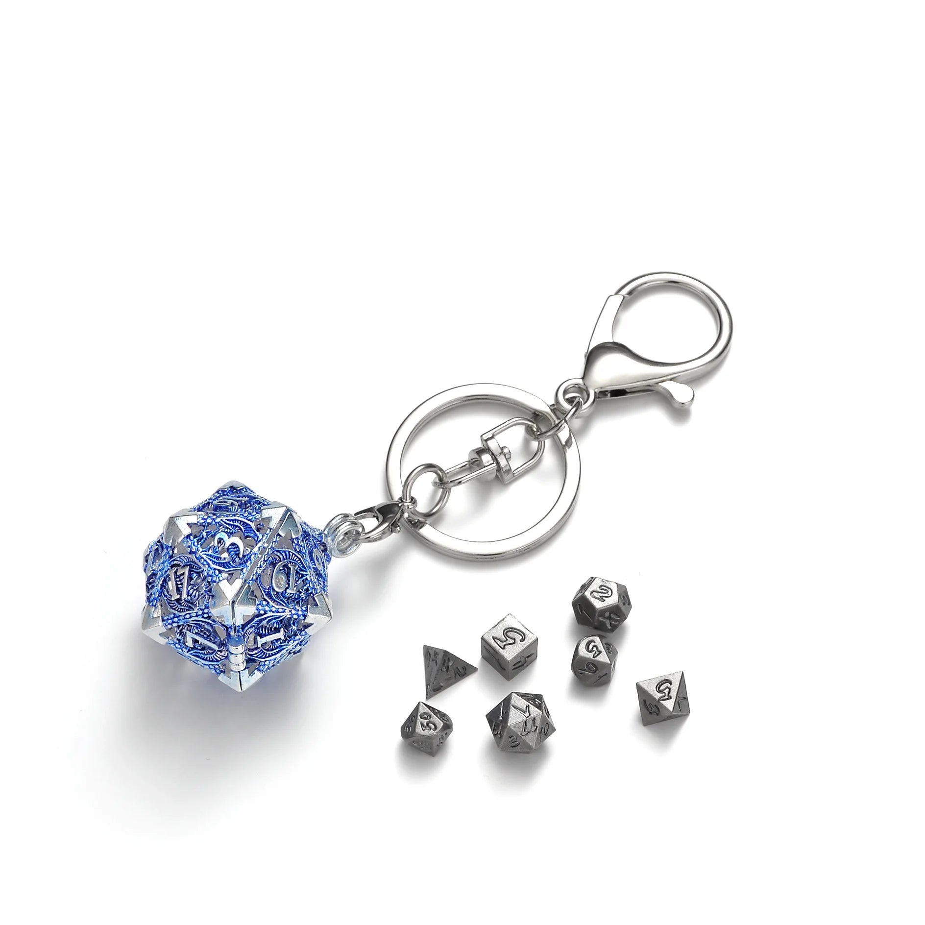 Mini Metal Dice Set Keychain Blå