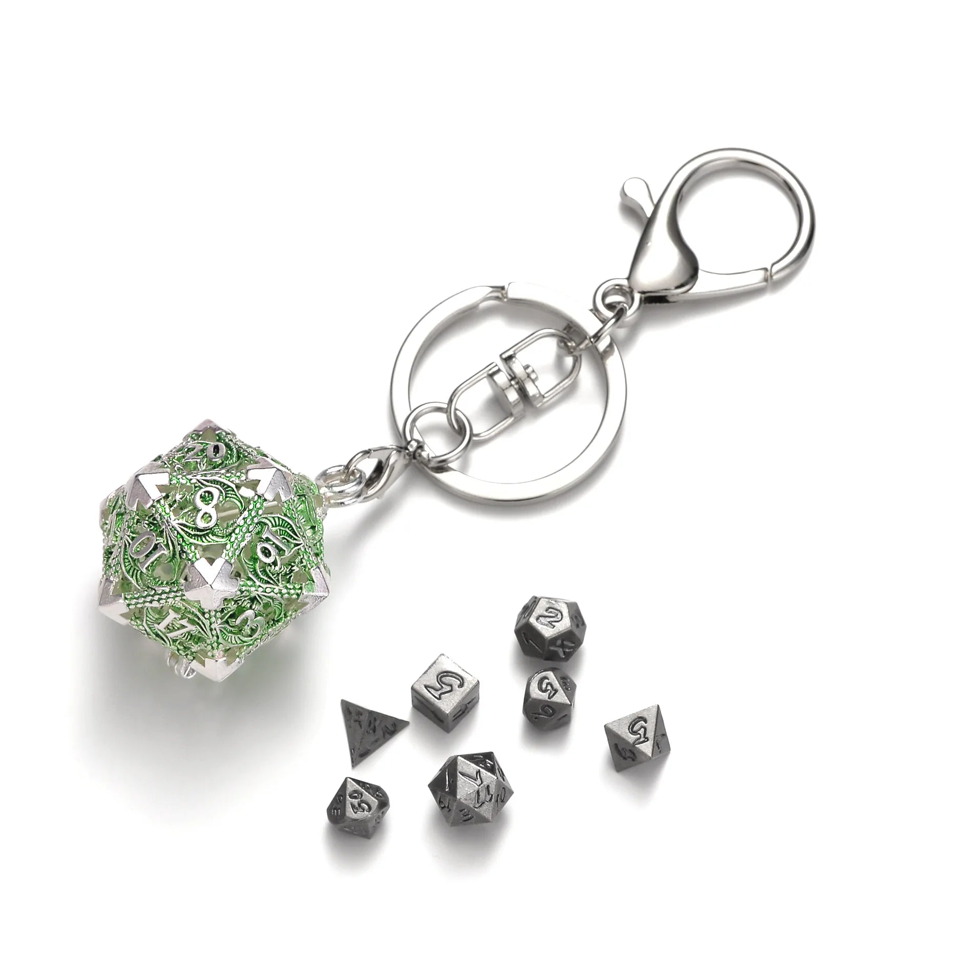 Mini Metal Dice Set Keychain Grön