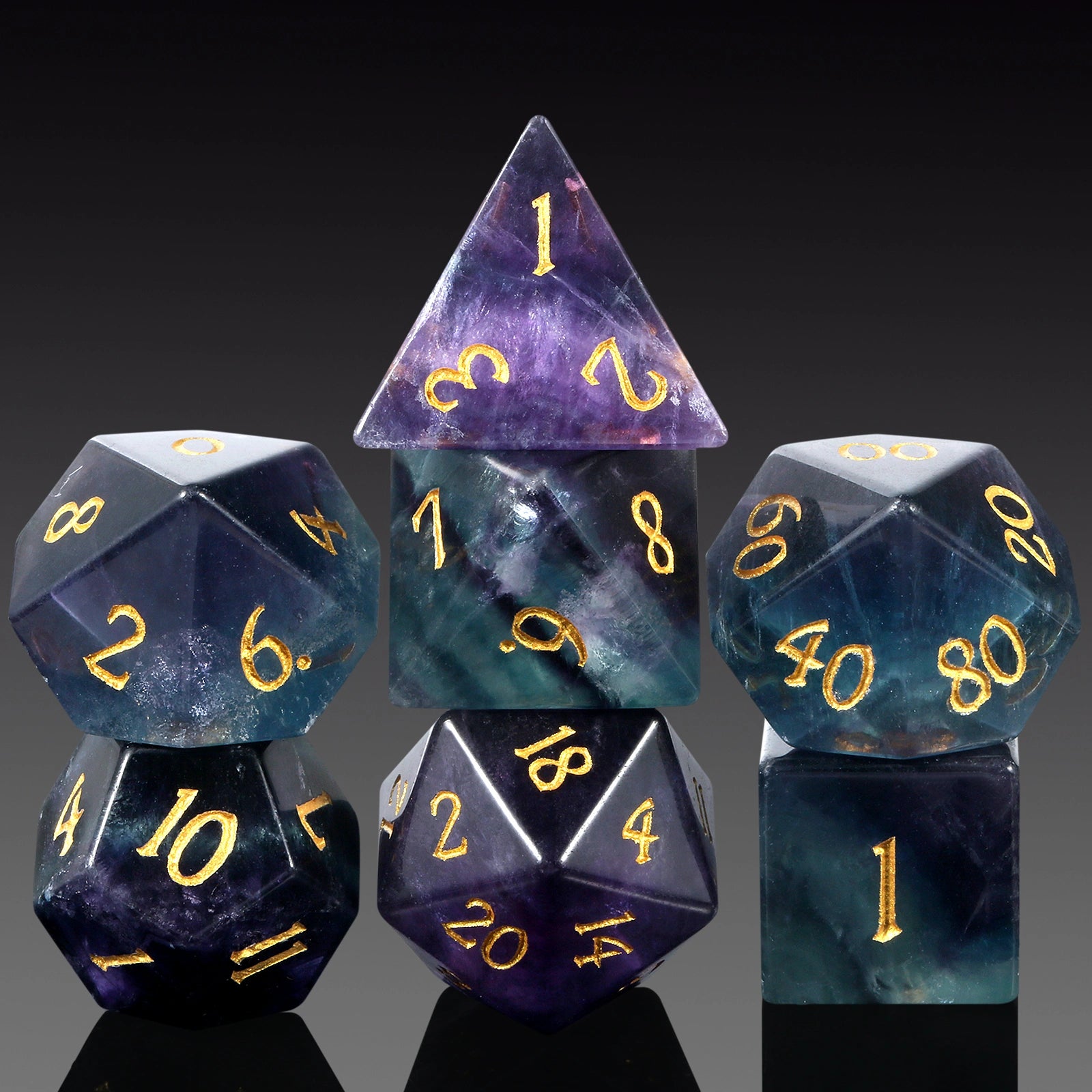 A Role Playing Dice Set - Obsidian Fluorite  Gemstone Stone Dice
