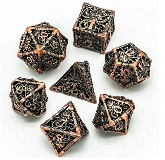 A Role Playing Dice Set Metallic - Bronze Hollow Metal DND Dice (Cthulhu)