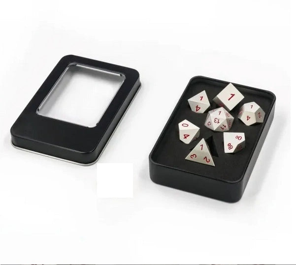 A Role Playing Dice Set Metallic - Silver with Red numbers