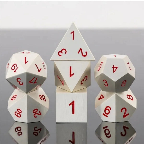 A Role Playing Dice Set Metallic - Silver with Red numbers