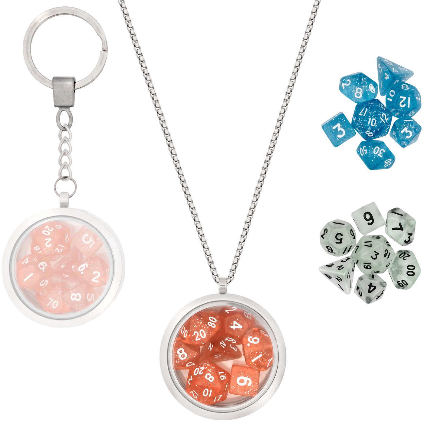 DICE LOCKET W NECKLACE & KEYCHAIN + 3 DND MINI DICE SETS | FANTASY JEWELRY