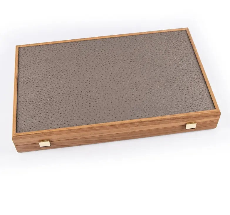 Premium Leatherette Grey Beige Ostrich Tote Backgammon Set