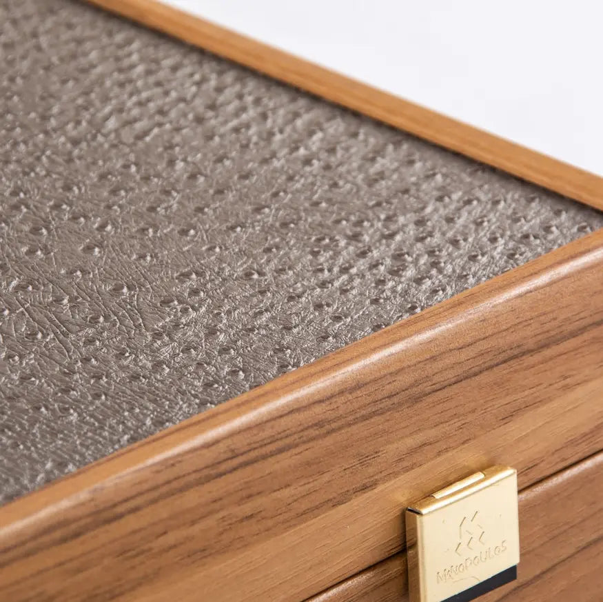 Premium Leatherette Grey Beige Ostrich Tote Backgammon Set