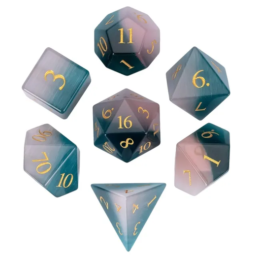 A Role Playing Dice Set - Cat Eye Gemstone Blue/Black/White With leather Hexagon Box