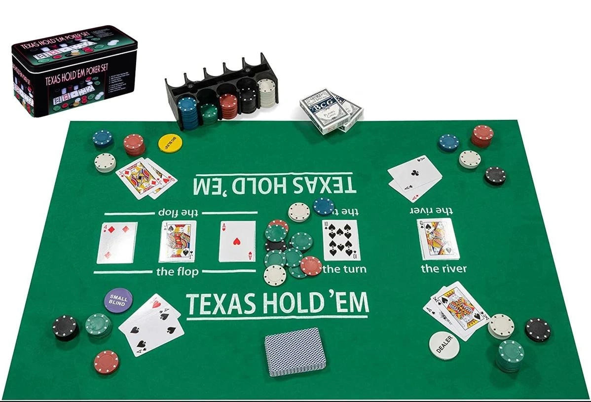 Pokerset med kortlekar, spelmatta och  200 marker (4 gram)