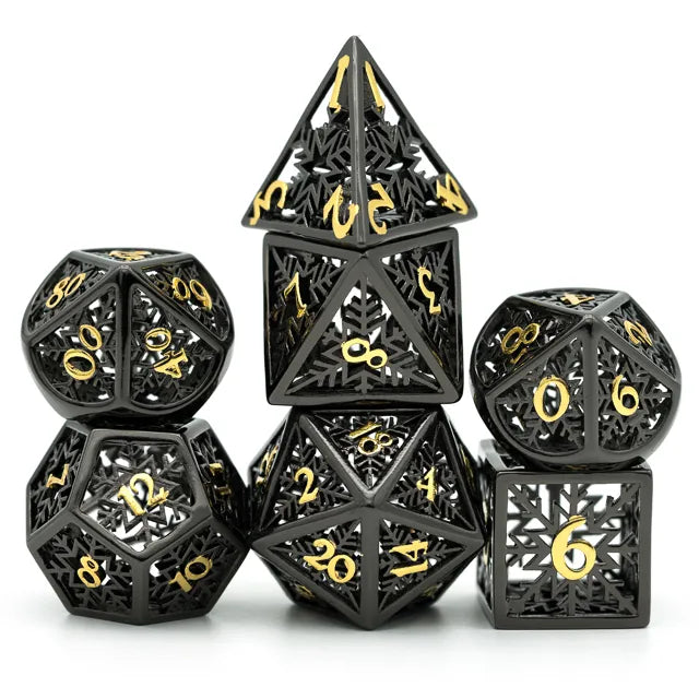 A Role Playing Dice Set Metallic - Hollow Metal DND Dice (Snowflake) Black