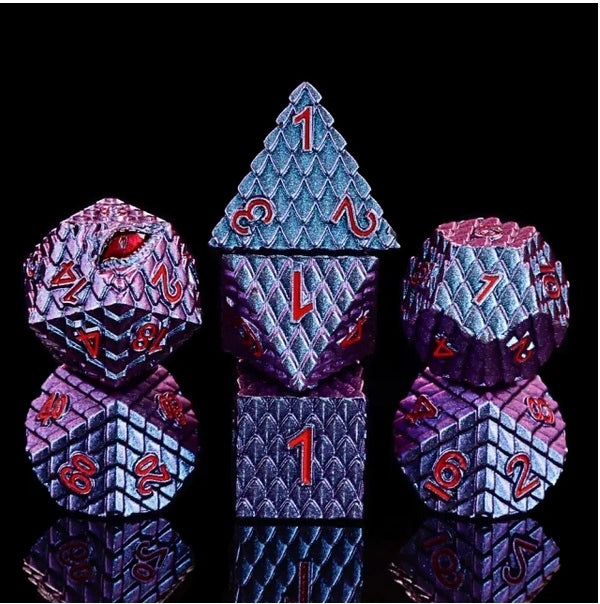 A Role Playing Dice Set Metallic - Dragon Scale Blue & Purple Shimmering(red font)
