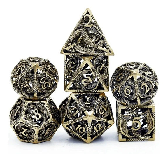 A Role Playing Dice Set Metallic - Hollow Metal DND Dice (Flying Dragon) Brons