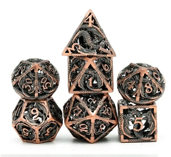 A Role Playing Dice Set Metallic - Hollow Metal DND Dice (Flying Dragon) Koppar