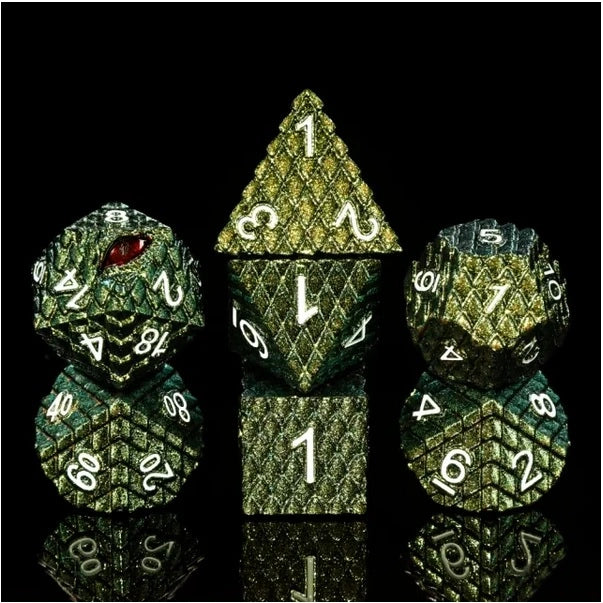 A Role Playing Dice Set Metallic - Dragon Scale Gold & Green Glitter
