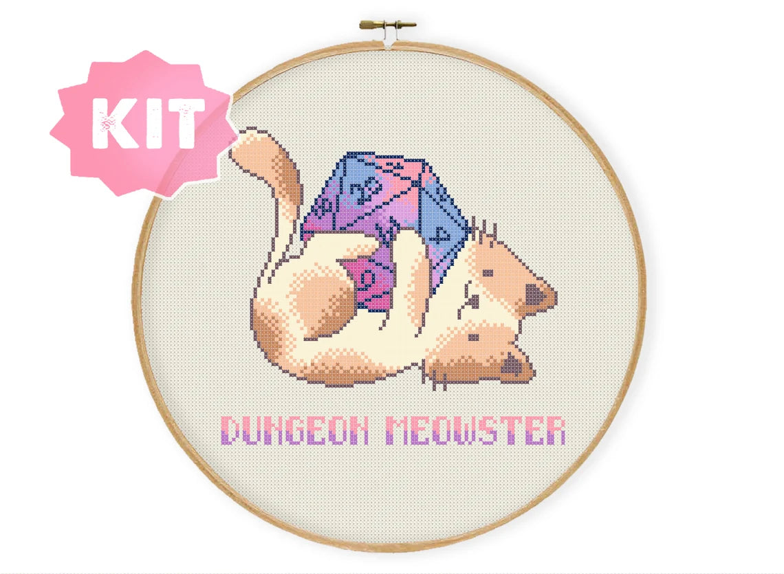 Dungeon Meowster Korsstygnskit– Katt & D20 i Pastell för DnD-fans
