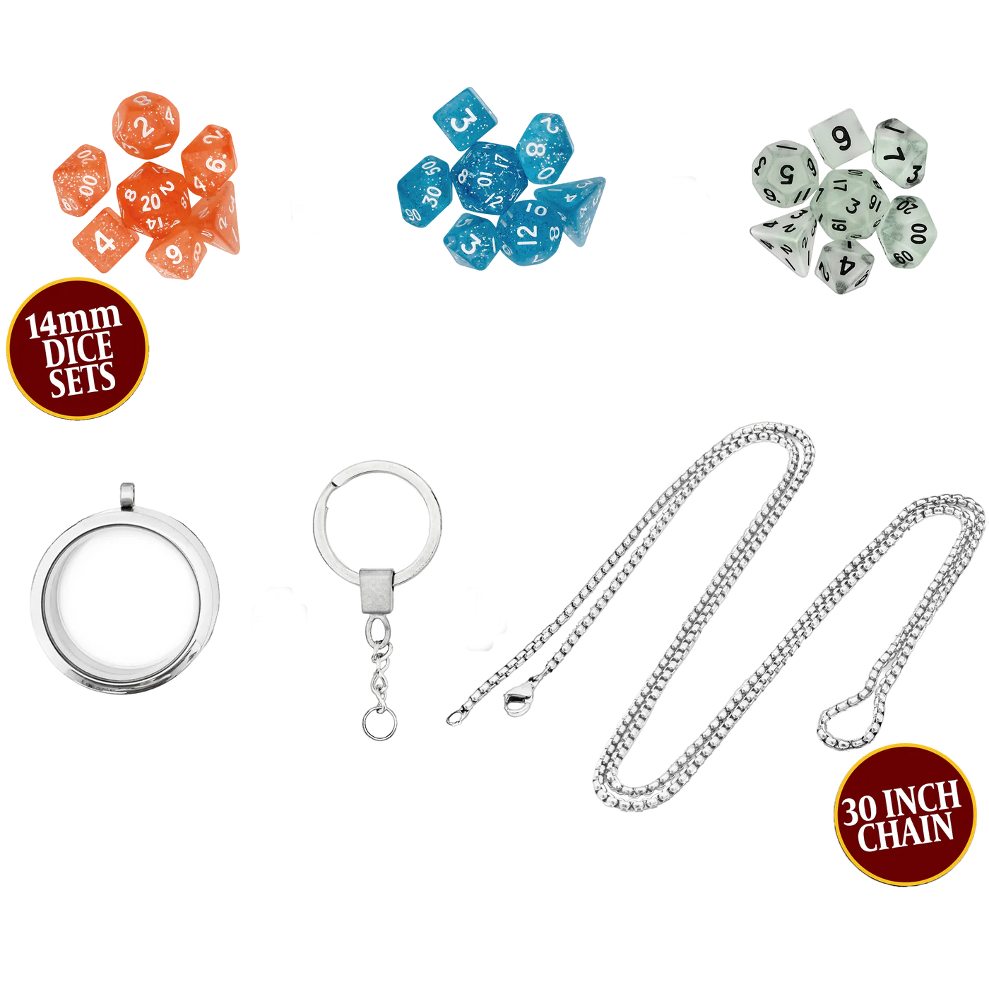 DICE LOCKET W NECKLACE & KEYCHAIN + 3 DND MINI DICE SETS | FANTASY JEWELRY