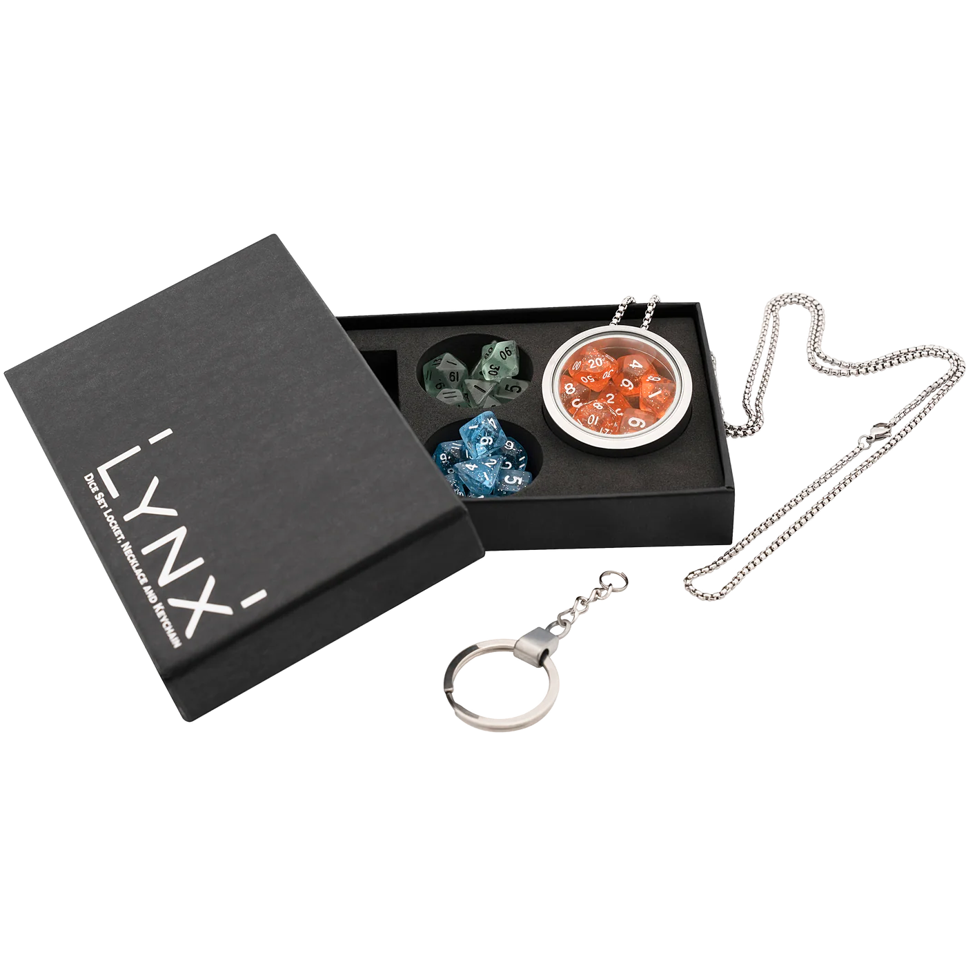 DICE LOCKET W NECKLACE & KEYCHAIN + 3 DND MINI DICE SETS | FANTASY JEWELRY