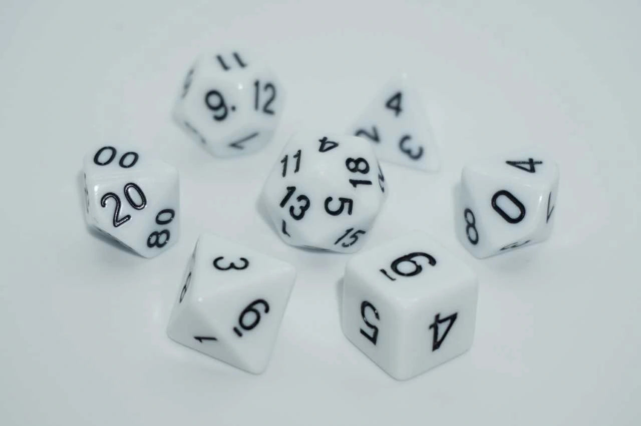A Role Playing Dice Set: White with black numbers