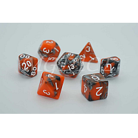 A Role Playing Dice Set: Orange/Black Marble with white numbers
