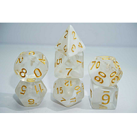A Role Playing Dice Set: Transparent white with golden numbers