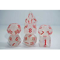 A Role Playing Dice Set: Sparkling white with pink shimmer and red numbers