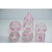 A Role Playing Dice Set: Sparkling white with pink shimmer and pink numbers