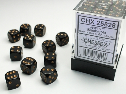 Chessex Opaque: 36 tärningar (12 mm) - Svart med guldprickar (CHX25828)_boxshot