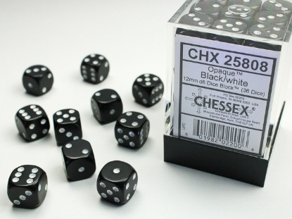 Chessex Opaque: 36 tärningar (12 mm) - Svart med vita prickar (CHX 25808)_boxshot