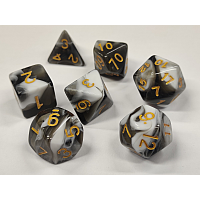 A Role Playing Dice Set: White/Black Marble with golden numbers