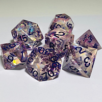 A Role Playing Dice Set: Sharp Edges - Clear/purple with glitter and flowers