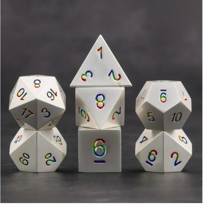 A Role Playing Dice Set Metallic - Silver Rainbow Numbers