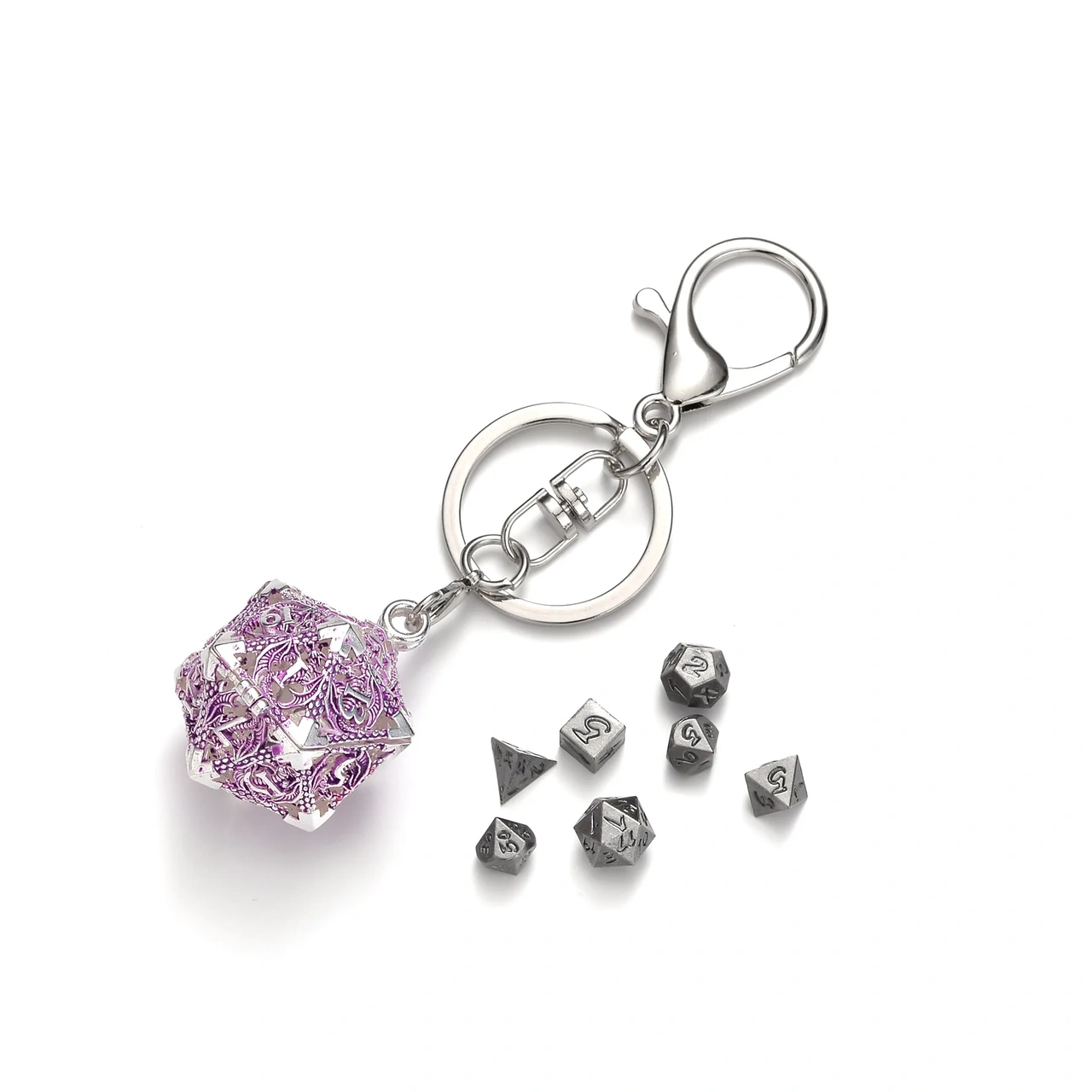 Mini Metal Dice Set Keychain Lila